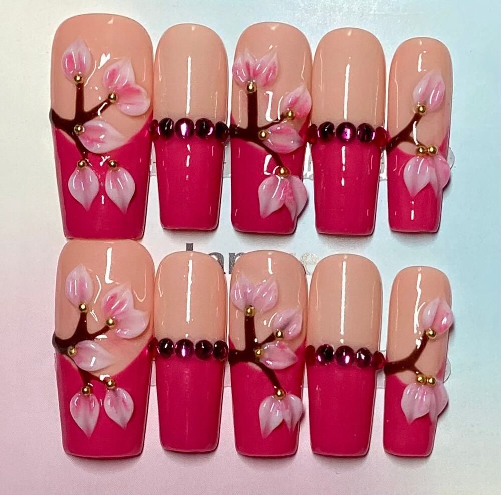 3D Petals Dark Pink French Tip Long Square Handmade Press-On Nails Medium Large